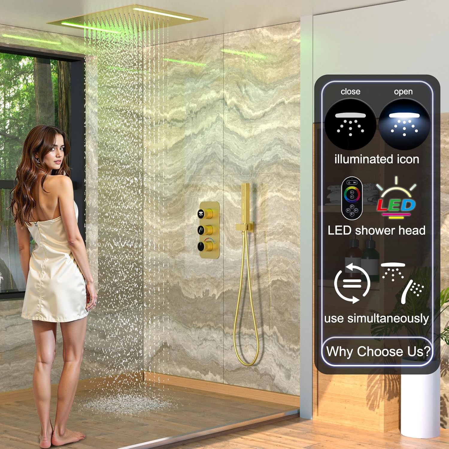 Enga Luxury Shower Faucet Set, Ceiling Mount 14x20 Inch LED Rain Shower Head with Dual Function Handheld Sprayer, Brass Shower Valve with LED Indicators Knob, Brushed Gold