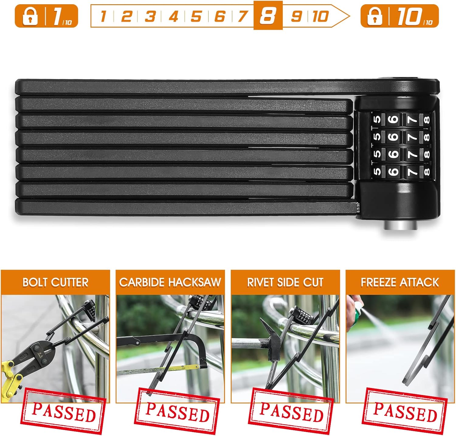 Security test results for the West Biking lock against bolt cutters, carbide hacksaws, rivet side cuts, and freeze attacks, all passed