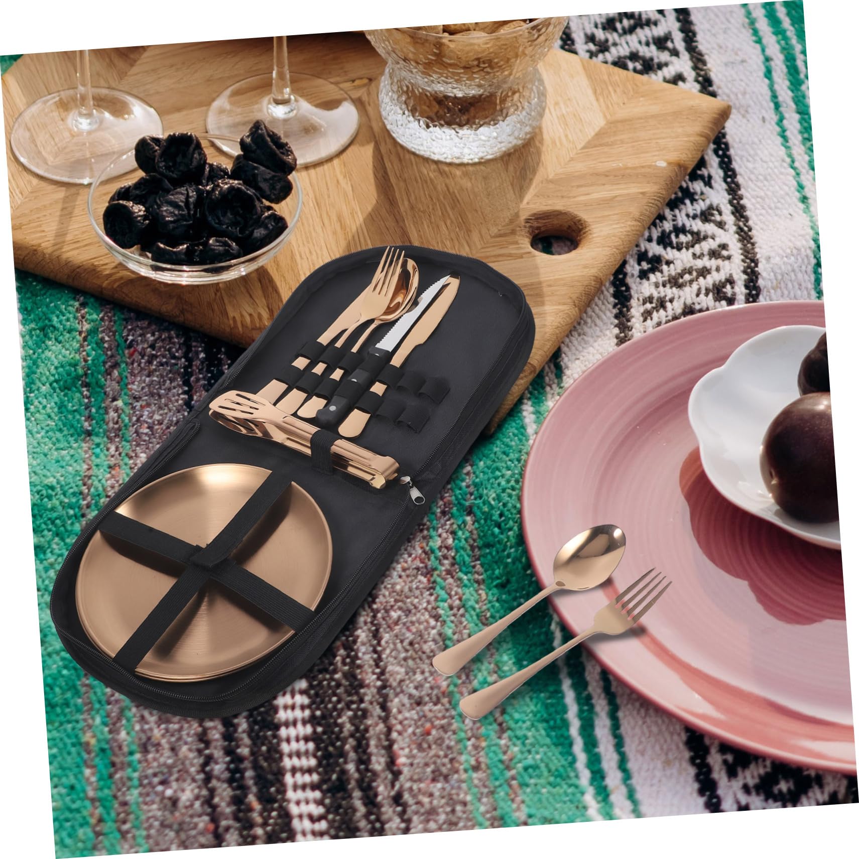 Edelstahl Outdoor Besteck 1 Satz mit Etui, Tragbares Essgeschirr | 1 Satz, Aufbewahrungstasche und Trageetui, Ergonomische Form, Leicht zu Reinigen, Elegant für Draußen