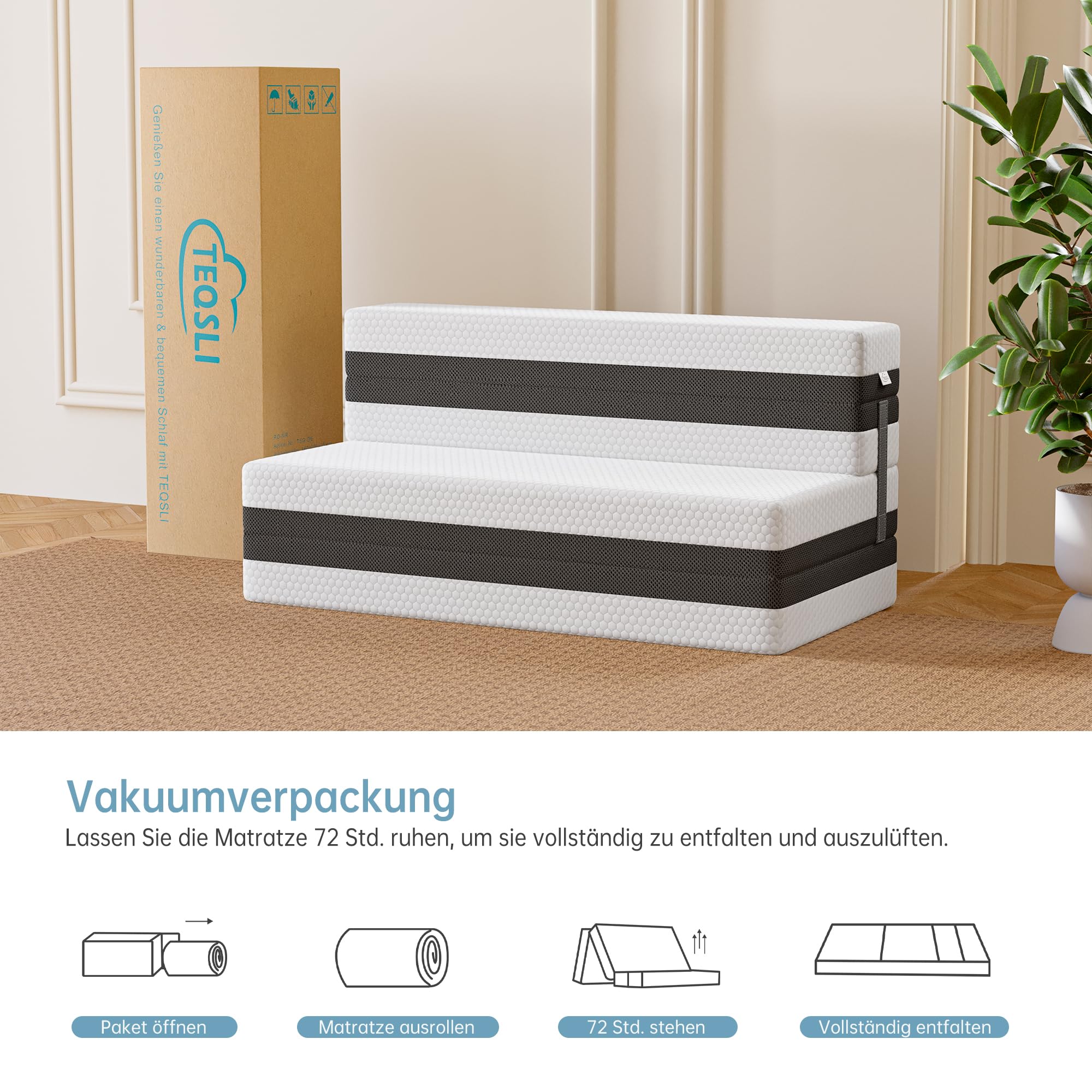 TeQsli Gel Faltmatratze 15 cm Höhe, Klappmatratze 120×200, 4-teilige Gästebett & 3-in-1 Schlafsofa mit waschbarem und abnehmbarem Bezug, Klappbett mit Öko-Tex & CertiPUR Zertifiziert