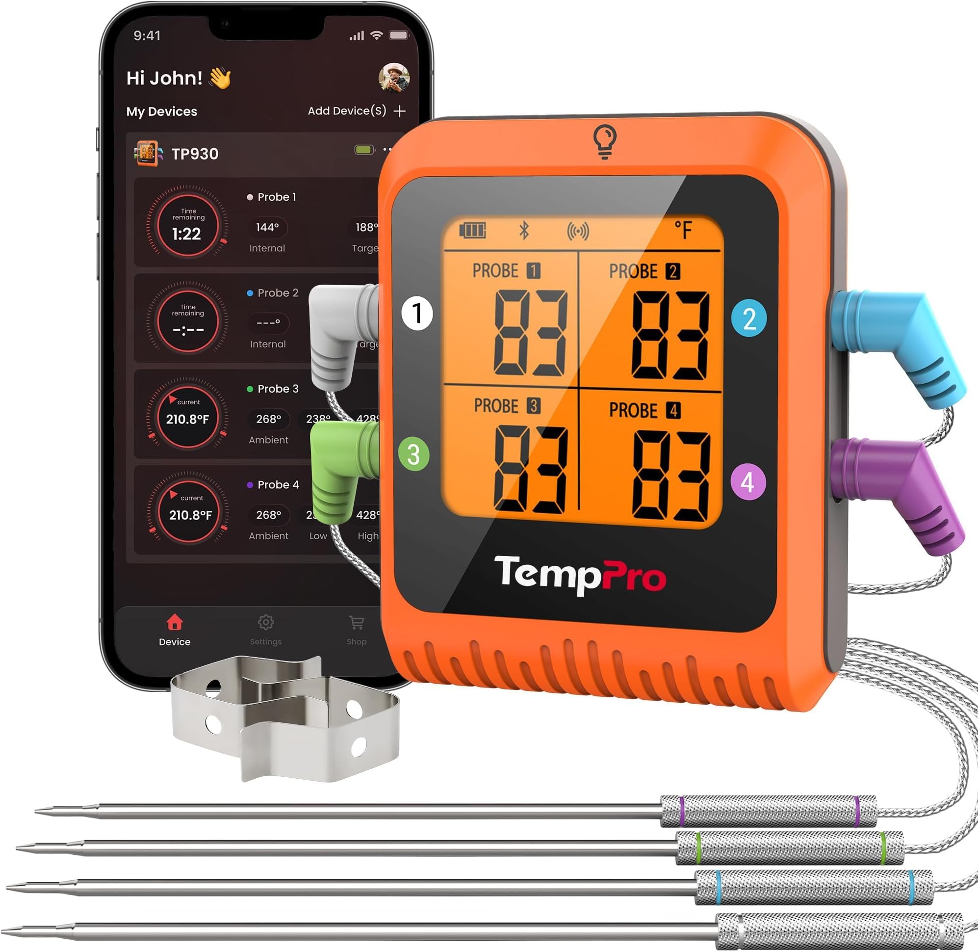 TempSync 650ft Bluetooth Meat Thermometer with 4 Color-Coded Probes | Wireless Meat Thermometer Digital with Timer, Commercial Cooking Tools & Utensils Rechargeable for Smoker Oven