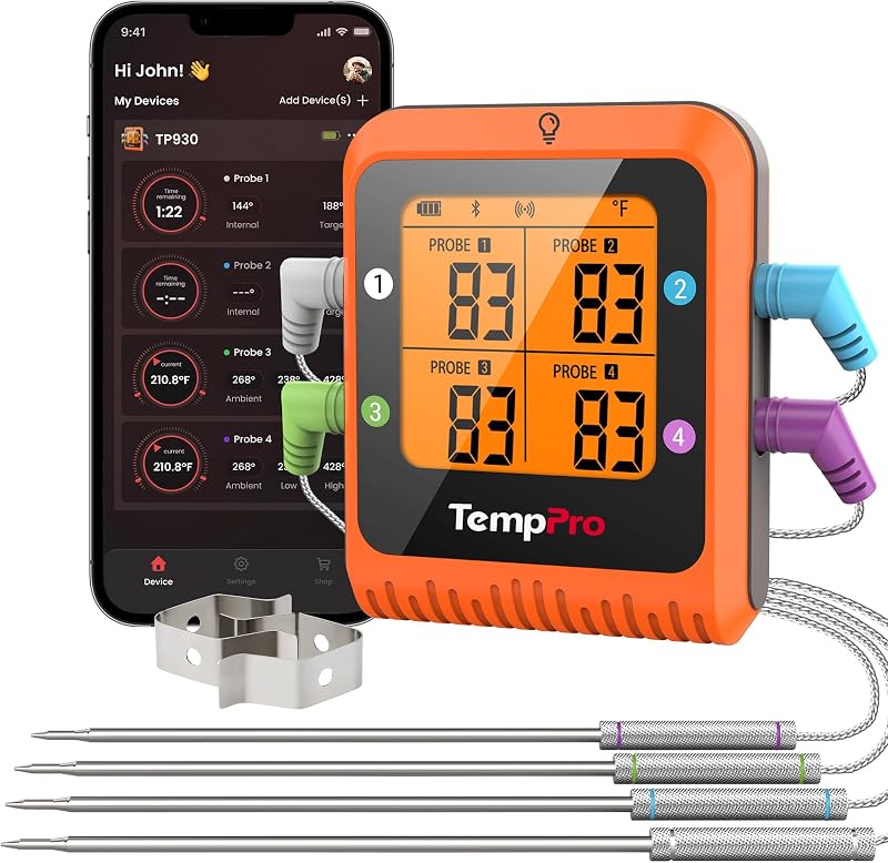 TempPro TempSync 650ft Bluetooth Meat Thermometer with 4 Color-Coded Probes | Wireless Meat Thermometer Digital with Timer, Commercial Cooking Tools & Utensils Rechargeable for Smoker Oven