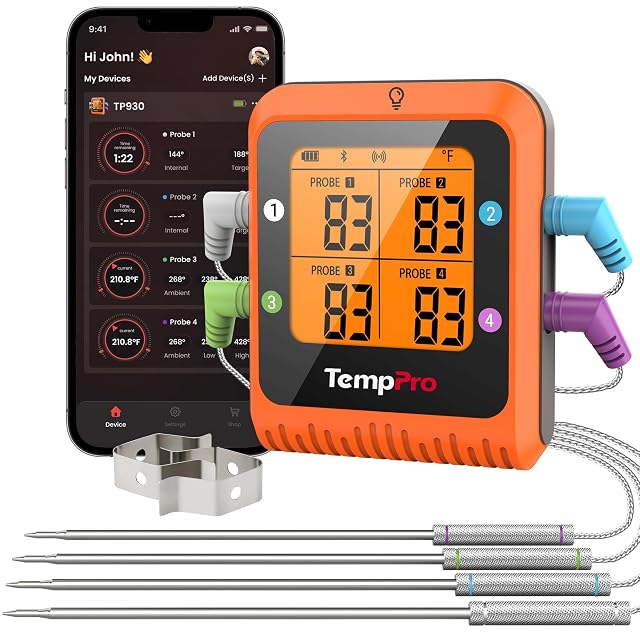 Temp-Pro TempPro TempSync 650ft Bluetooth Meat Thermometer with 4 Color-Coded Probes