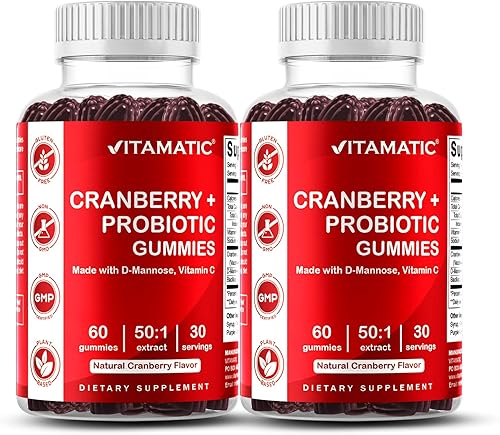 Vitamatic Paquete de 2 Gomitas Veganas de Arándano Rojo con D-Manosa, Probiótico y Vitamina C para la Salud del Tracto Urinario Femenino -