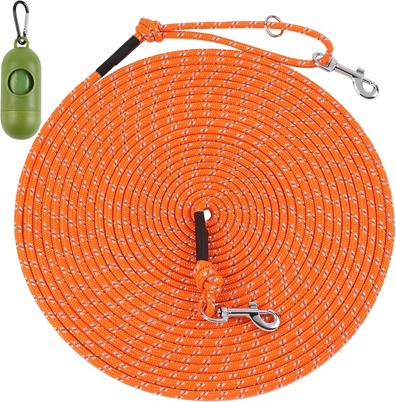 Guia para Gatos de Nylon com Fita Refletiva e Mosquetão Giratório, muiyrtuy, 9,14 m com Dispenser para Sacos de Resíduos (Orange)