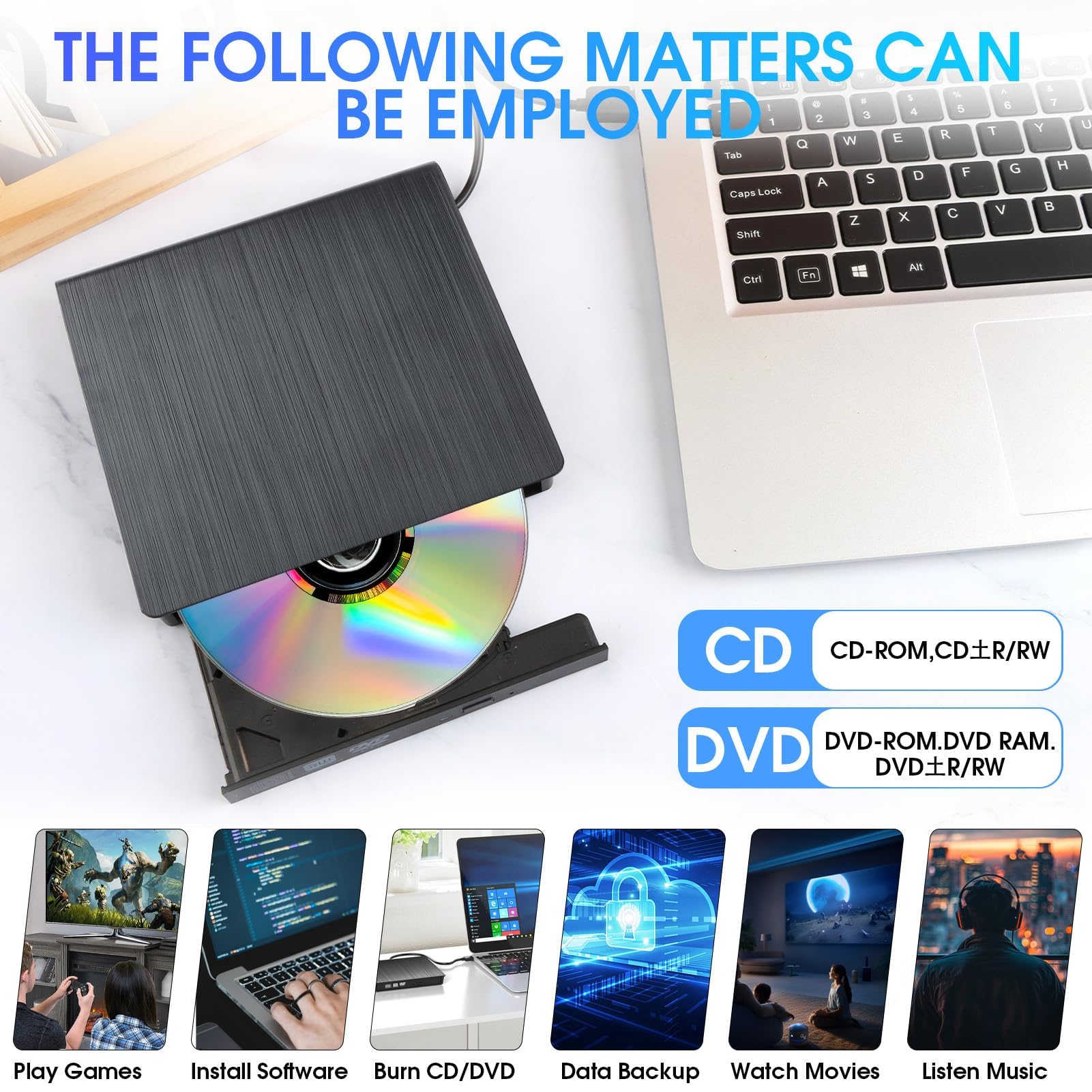VoltCozy Grabadora CD DVD Externo USB 3.0 y USB-C Lector CD Externo y Grabadora DVD/CD +/-RW para PC y Portátil Slim con Cable Integrado Plug & Play 8X/24X Windows 11/10/8/7 MacOS Linux — view 4