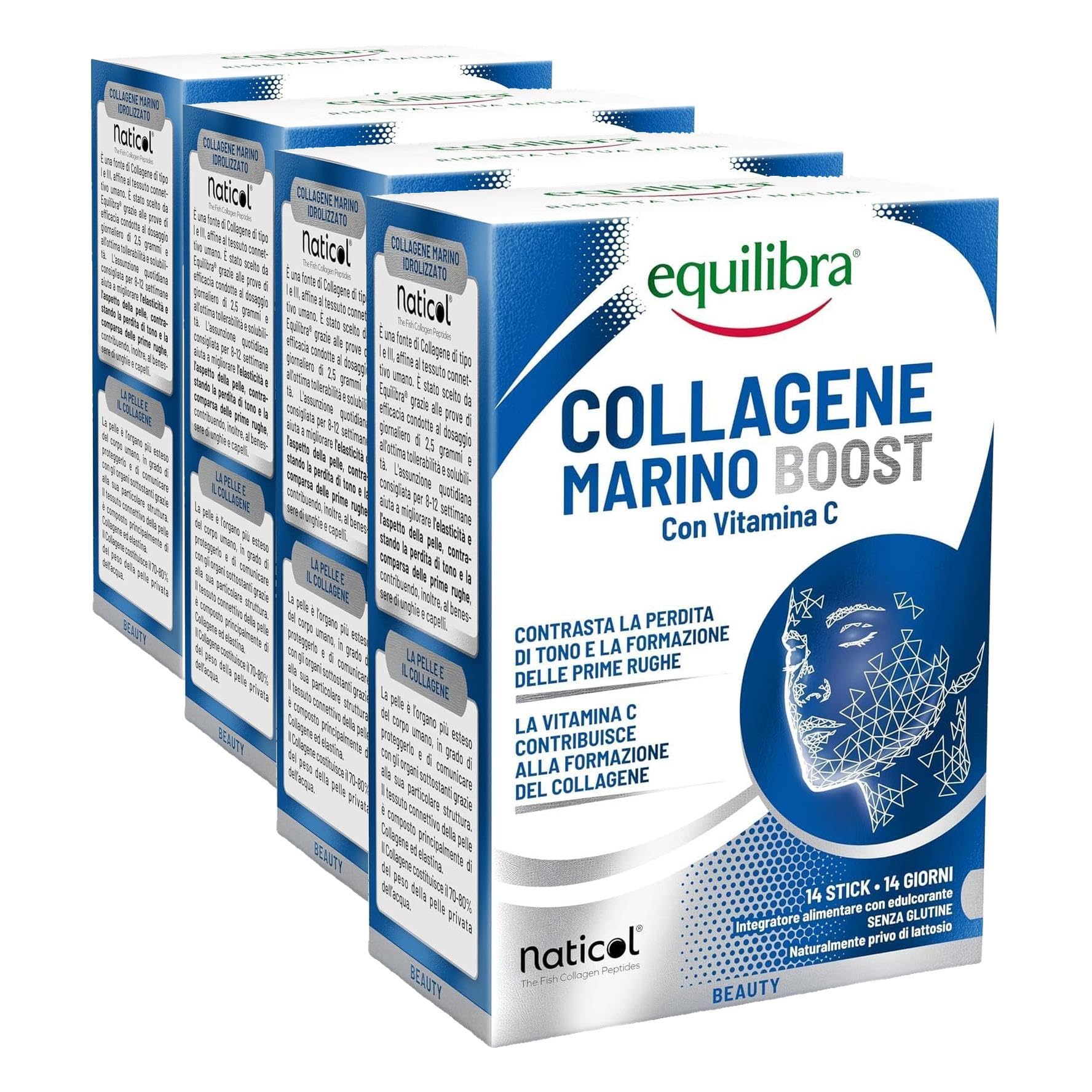 Equilibra, Collagene Marino Boost Idrolizzato Naticol®, 14 Stick Monodose, 2500 mg Collagene per Dose, 80 mg Vitamina C per Dose, Collagene Tipo I e III, Mantenimento del Tono, Elasticità della Pelle