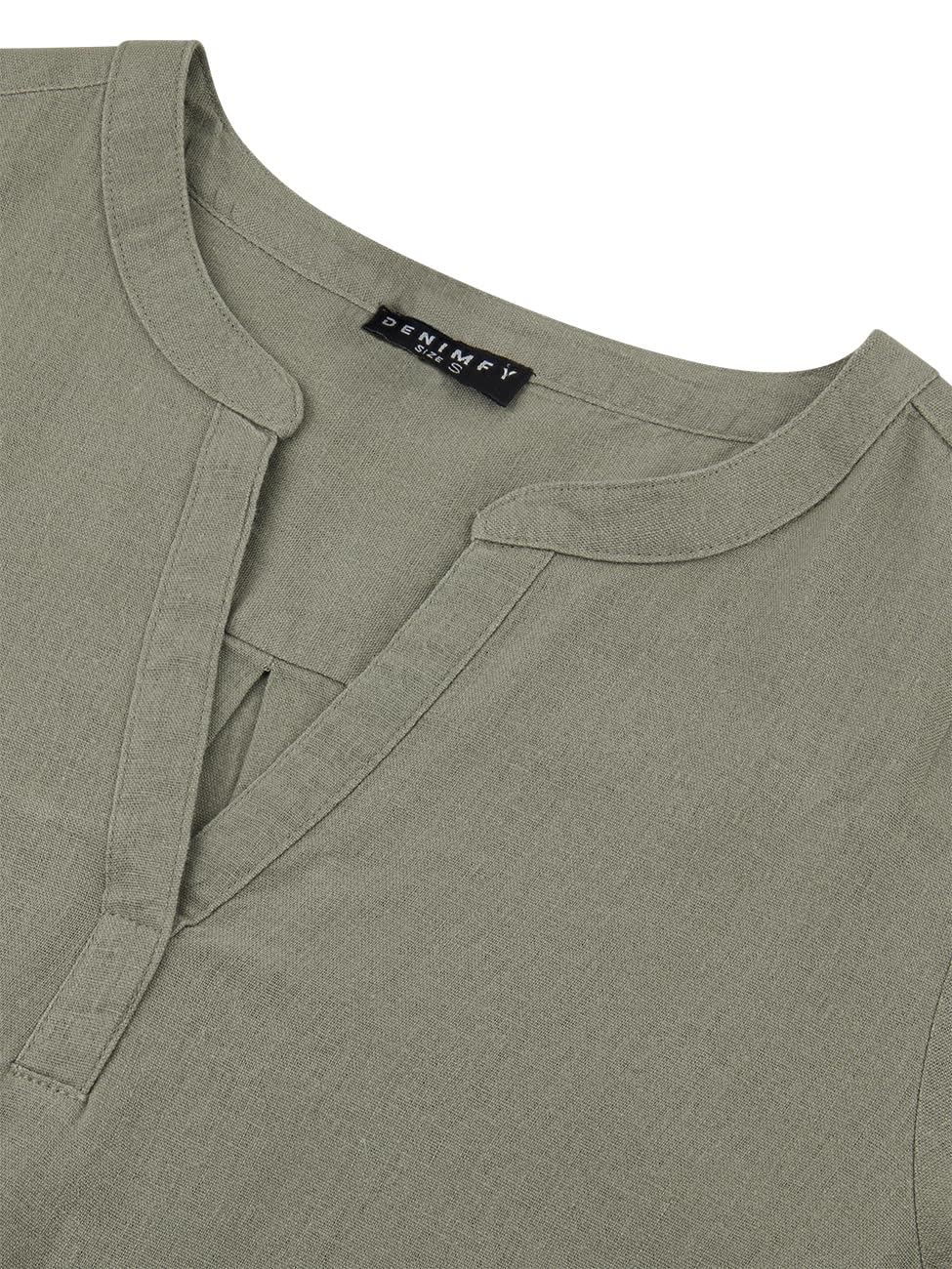 DENIMFY Lniana bluzka damska na lato, lekka, regularny krój, lniana bluzka z rękawami 3/4, dekolt w serek, jednokolorowa, biała, beżowa, zielona, S, M, L, XL, XXL