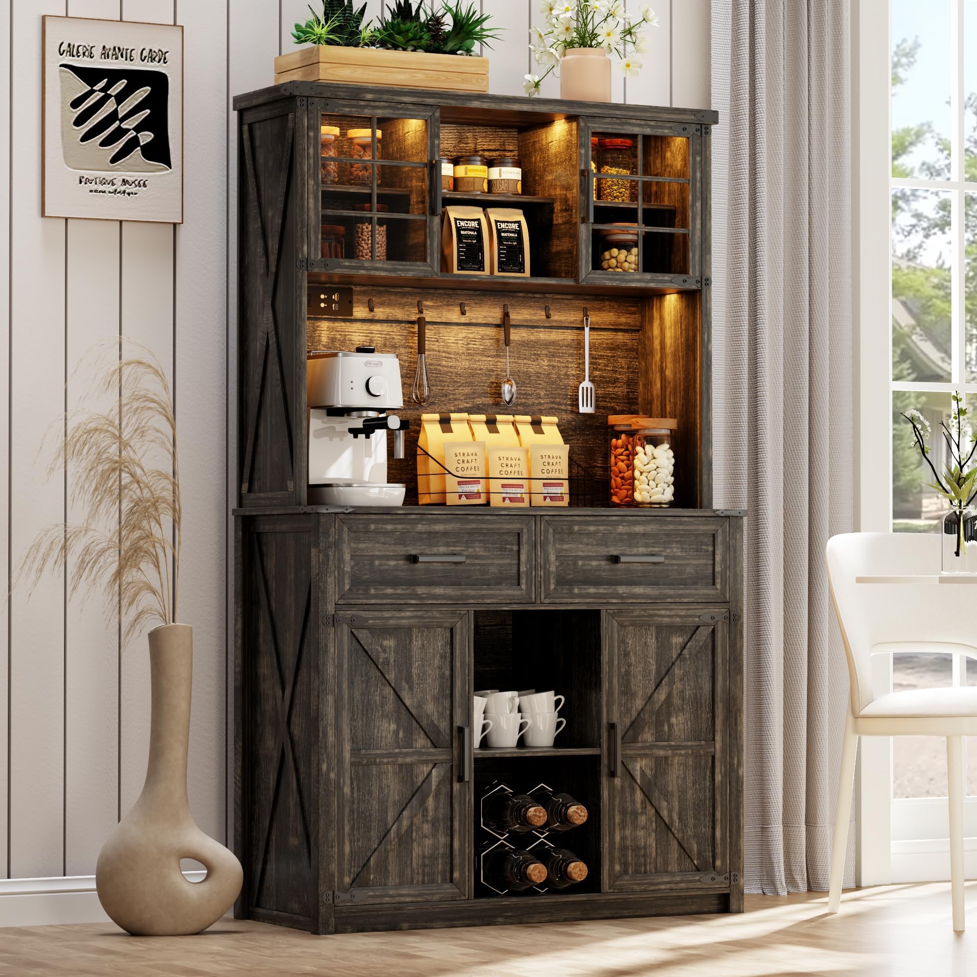 Farmhosue Bar Cabinet with LED Lights & Power Outlets, Large Kitchen Buffet with Hutch & 2 Large Drawers, Barn Door Design, 8 Storage Shelves, Rustic Coffee Bar Sideboard Table, Rustic Oak
