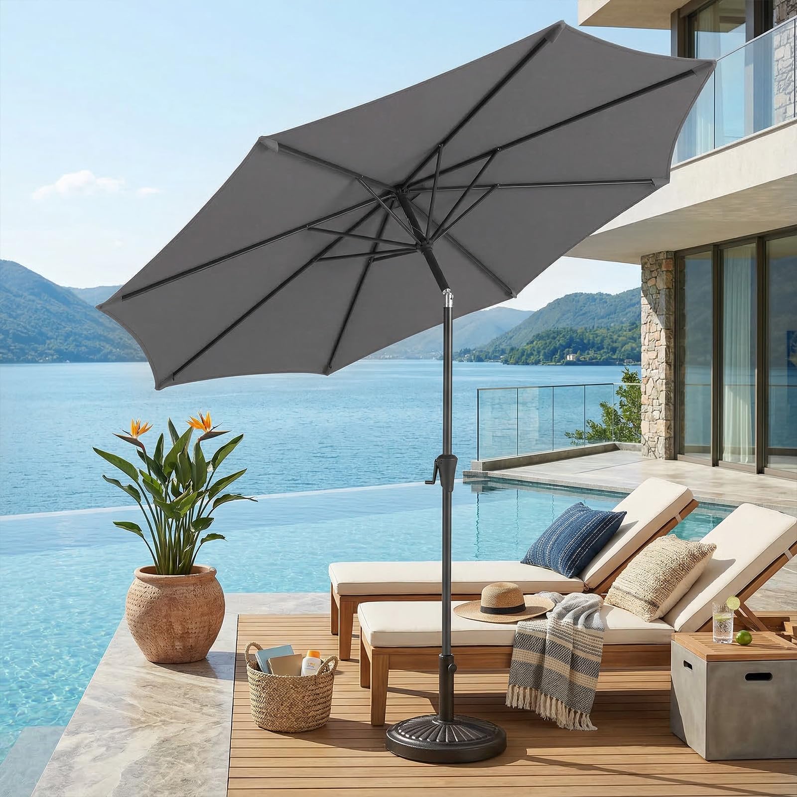 Sekey Sonnenschirm 300 cm mit Kurbel, Gartenschirm wasserabweisend, Balkonschirm UV-Schutz bis UPF 50+, Terrassenschirm neigbar & 8 Streben für Garten, Balkon & Terrasse, Grau