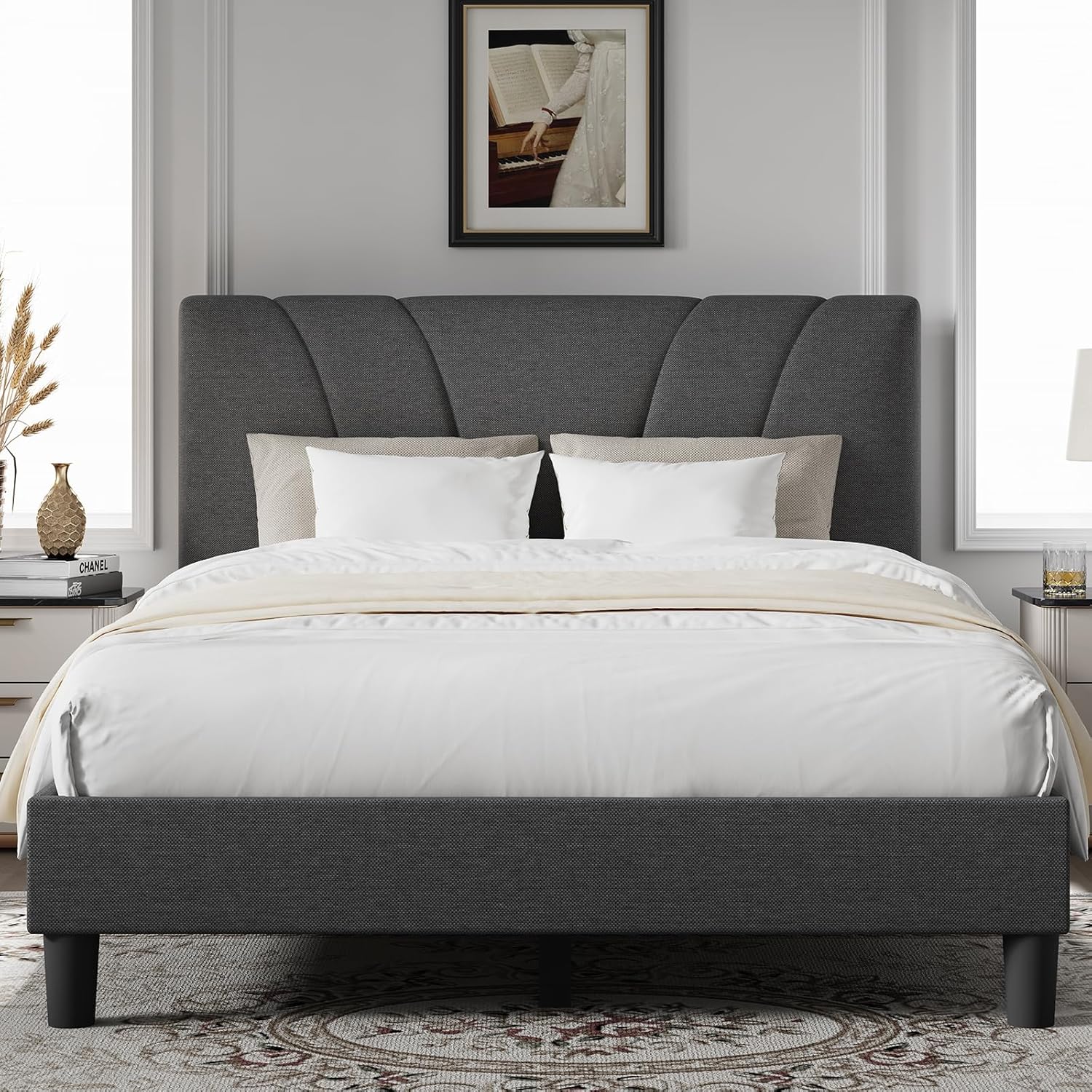 Novilla King Size Bed Frame with Adjustable Linen Headboard, No Box Spring, 1200lbs Support, Easy Assembly, Grey