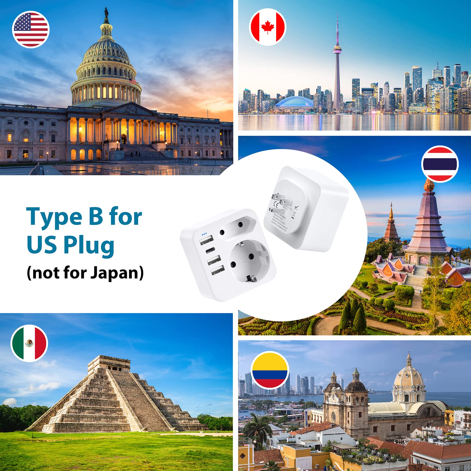 6 en 1 Adaptateur Prise France vers USA, Adaptateur Prise USA, Canada, Americaine avec 3 USB et 1 Type C (3,4A) et 2 Prises, Mexique Thaïlande Type B