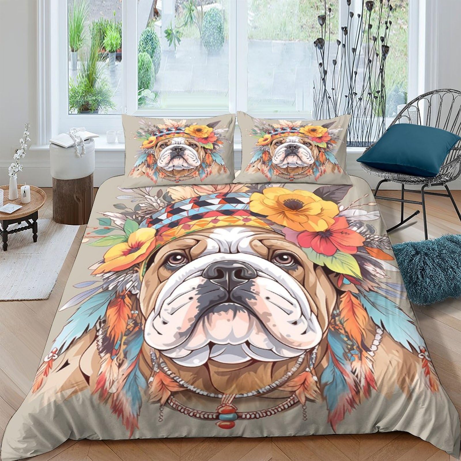 Stampato in 3D BullLuna francese Copertina Stampata Microfibra Disegnata Set Di Biancheria Da Letto Ipoallergenico Con 2 Federe,Double（200x200cm）, Per Adolescenti E Adulti