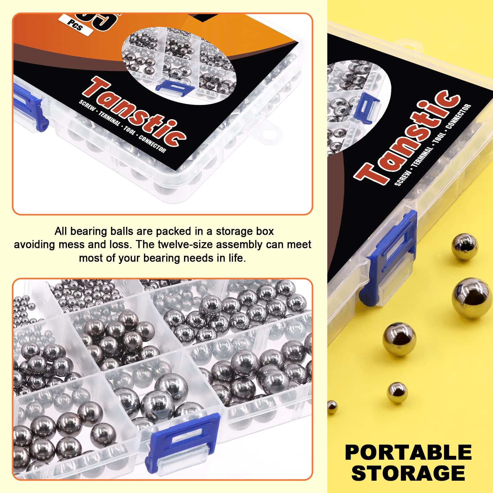 Tanstic, set di sfere in acciaio di precisione con cuscinetto in acciaio di precisione, 265 pezzi, 12 misure (3/32" 1/8" 5/32" 3/16" 7/32" 1/4" 9/32" 5/16" 11/82" 11/82" 1,3 cm. 3/8" 13/32" 1/2'')