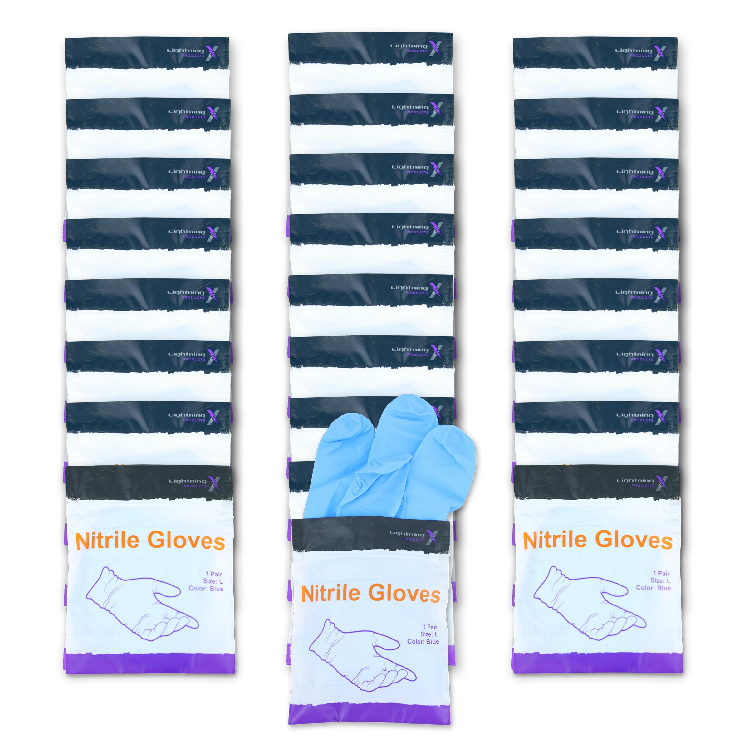 Lightning X Nitrile Exam Glove Pairs | Individually Packed | 50 Gloves | 25 Pairs | Resealable Zip Bag - Large (BLUE)