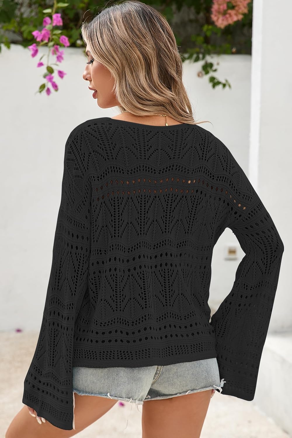 Cakulo Womens Spring Summer Off Shoulder Sweater Crochet Bell Sleeve Boho Tops 2026 Beach Cover Up Vacation Clothes - Image 6