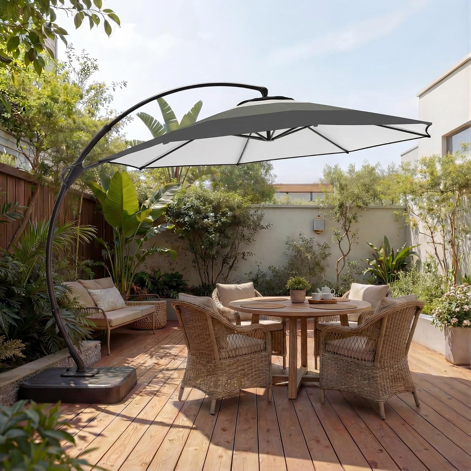 LAUSAINT HOME 11FT Cantilever Patio Umbrella with Base, 360° Rotation Offset Hanging Umbrella, Heavy Duty Curvy Outdoor Umbrella for Backyard, Poolside, Garden （Gradient Tan）