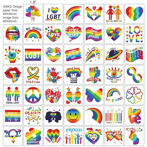 HOWAF Gay Pride Tattoos LGBT Rainbow - Adhesivo temporal de tatuajes, 48 diseños, 96 unidades, calcomanías de tatuajes de corazón de arco iris,
