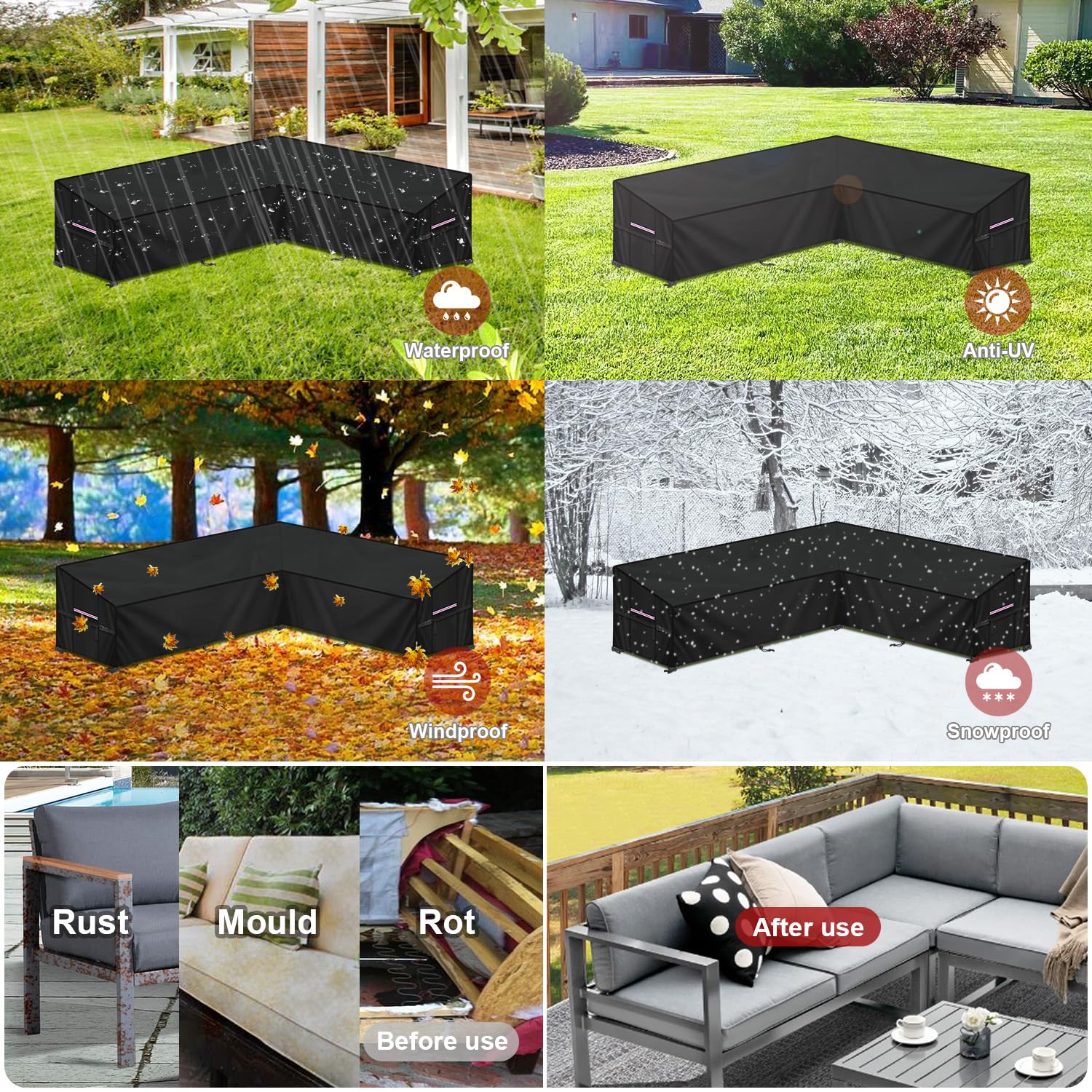 LAMUNI Housse Canapé D'angle Extérieur Bâche de Protection Salon de Jardin en L-Forme Housse de Meubles Imperméable Housses de Canapé de Jardin en 420D Tissu Oxford Étanche, 220x150x80x80/60cm