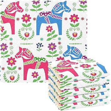 SUABO Swedish Folk Art Dala Horse Kitchen Dishcloths, 6 Pack Quick Drying Absorbent Cleaning Towels for Kitchen & Bathroom