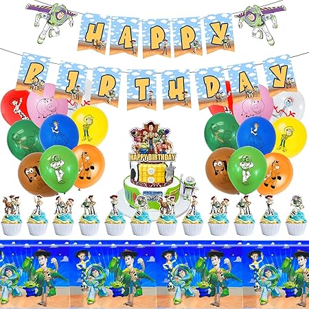 Amazon トイストーリー 誕生日 飾り付け テーブルクロス バースデー バルーン トイストーリー キャラクター 誕生日 バルーン バズ ライトイヤー 風船 セット 誕生日 プレゼント Happy Birthdayガーランド ケーキトッパー ハッピーバースデー バナー 飾りセット リボン