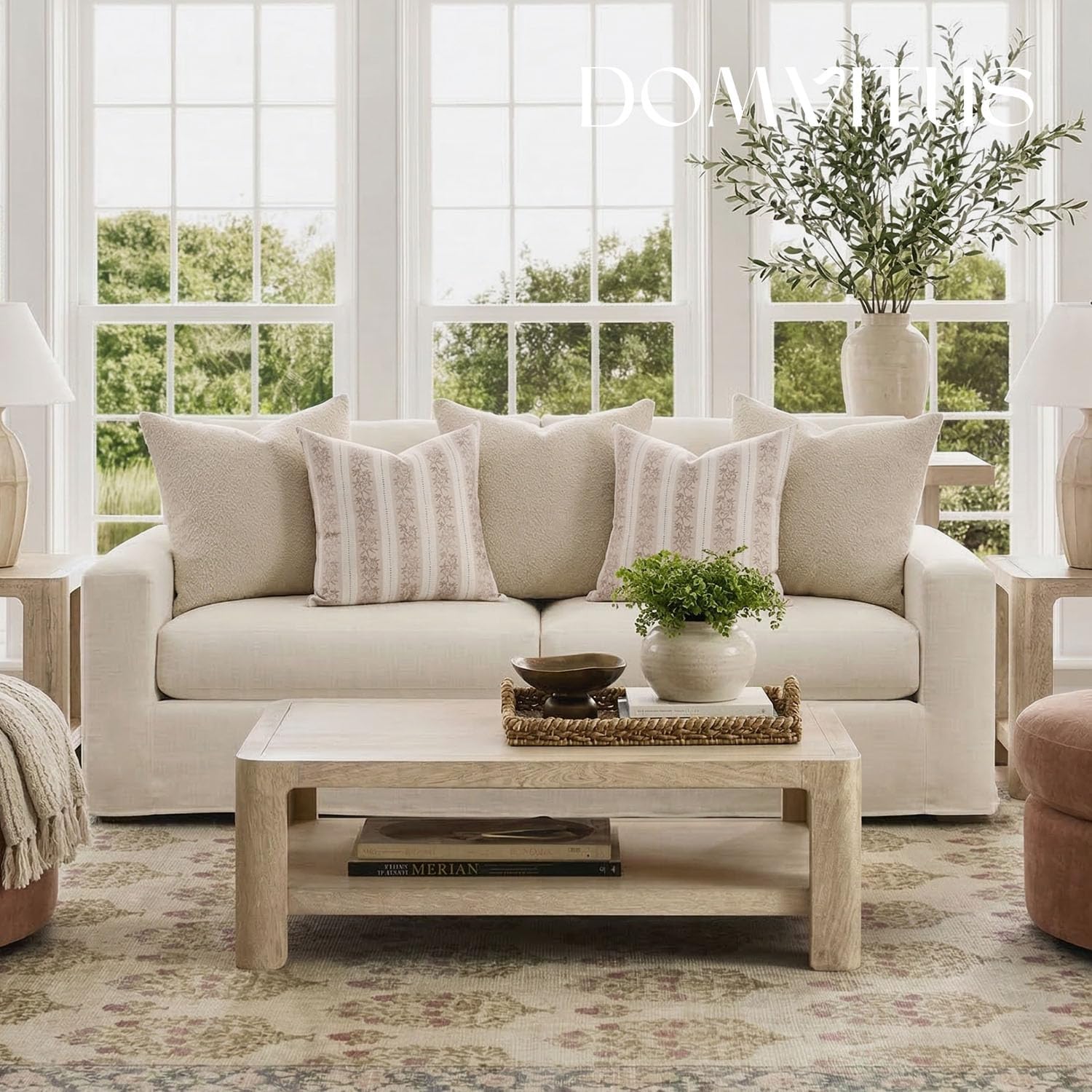 DOMVITUS Floral Pillow Covers 20x20 Inch Set of 2, Vintage Striped Block Print Decorative Throw Pillow Covers Neutral Farmhouse Boho Home Decor for Couch Sofa Bed Living Room, Cream White