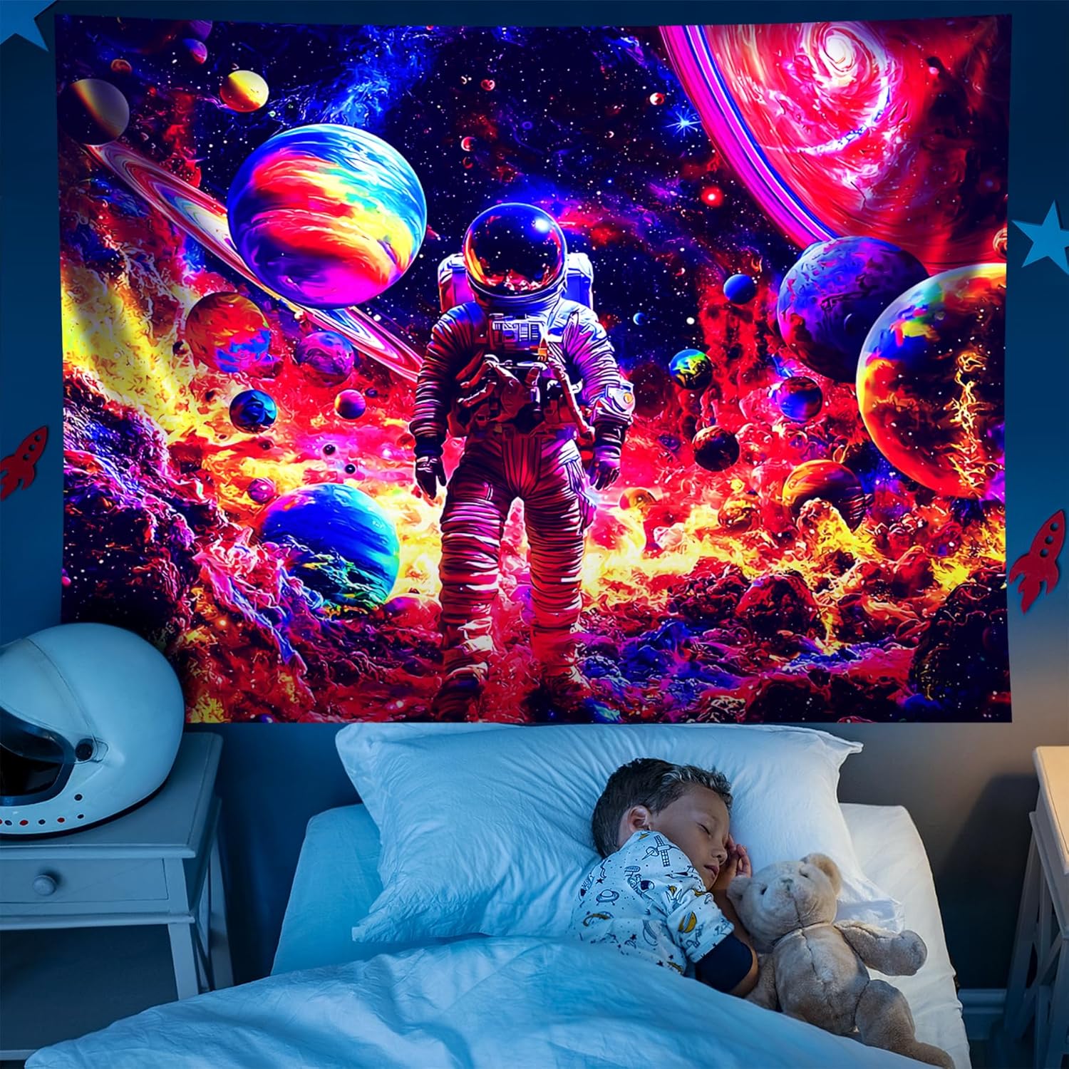 NYZE Astronaut Space Tapestry for Bedroom, Glow in the Dark Room Decor Wall Tapestries, Cool Galaxy Planet Wall Hanging, Wall Hanging for Men Guys Gamer Room Dorm Living Room 79x59 in