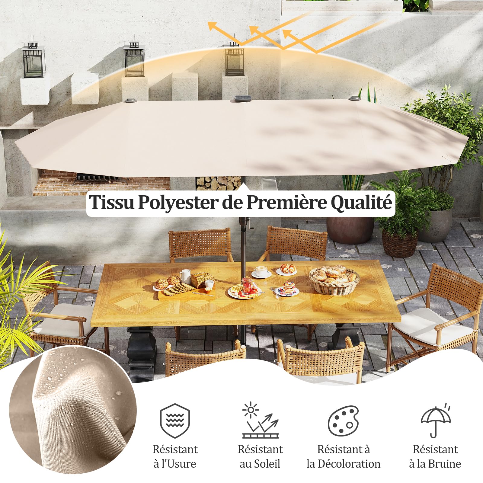 GOPLUS 3,8M Parasol de Jardin Extérieur Double, Grand Parasol Rectangulaire avec LED Coloré, Manivelle, Panneau Solaire, 12 Baleines, pour Terrasses Balcon Cour Marché (Beige)
