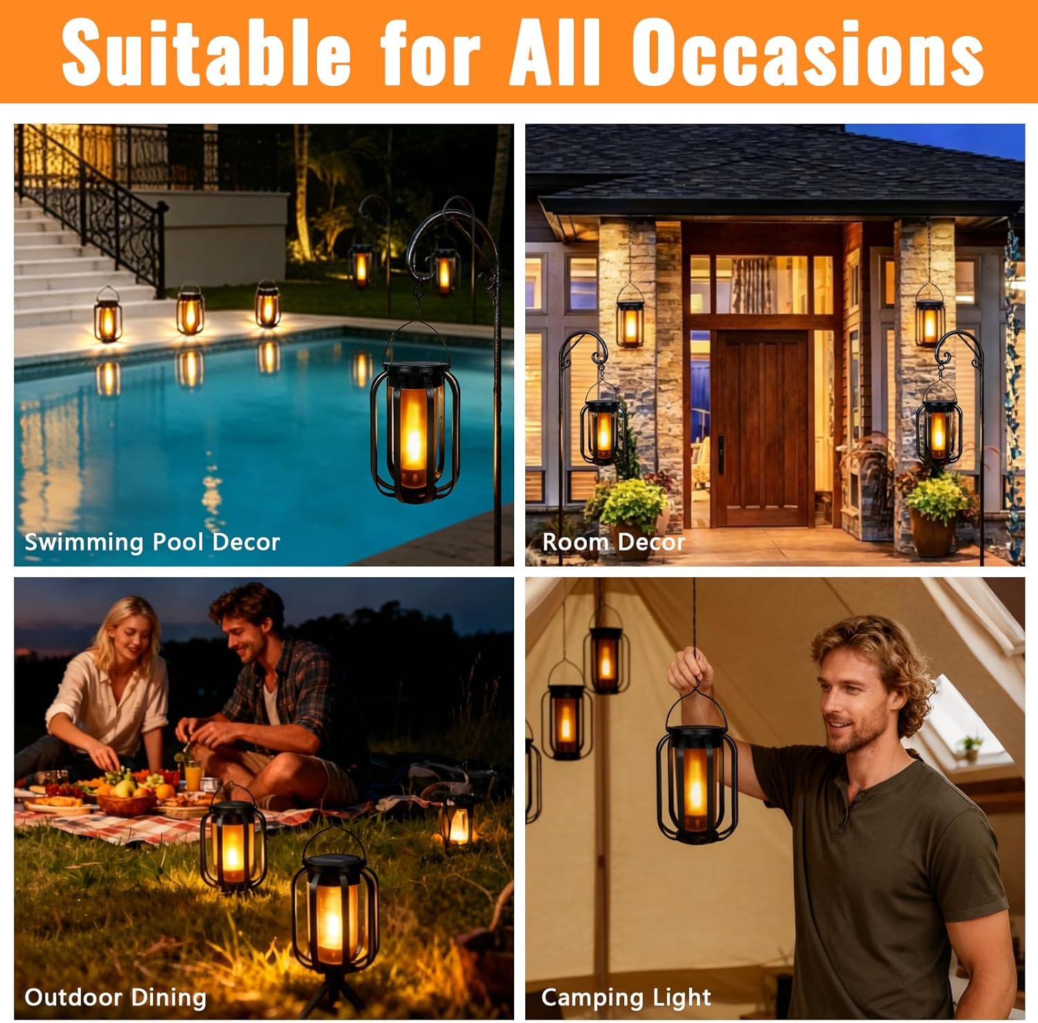 2 Pack Solar Lantern Lights Outdoor Waterproof Flickering Flame Light, Solar Lights with Dual Charging (USB/Solar) & 4 Modes Hanging Camping Light for Yard Patio Path Tree Porch Garden Decoration
