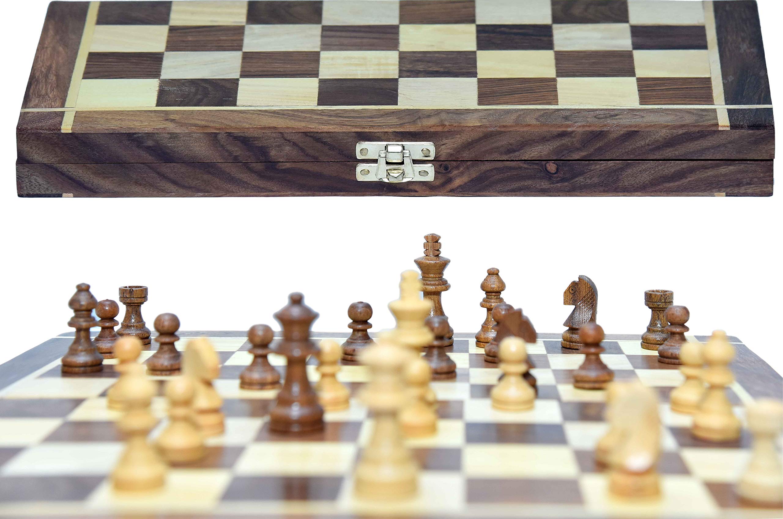 MWG Exports Co12x12 Inch International Chess Game Set with Folding Wooden Chess Board and Classic Handmade Wood Chess Pieces - Made in India for All