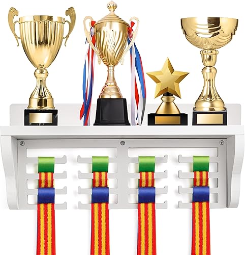 Miniatura 1 de Caydo Percha de madera para medallas con estante, estante de exhibición de trofeos blancos y medallas con 16 ganchos, 4 filas para medallas para