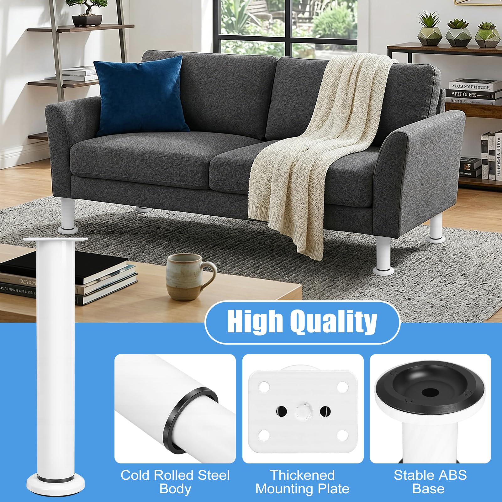 4 Patas para Muebles Blancas de Acero, Patas Ajustables para Muebles de Sofá, Cama, Armario, Zapatero y Baño, Carga 300kg, Cuadradas con Base ABS Antideslizante, 20 Tornillos (25-42cm)