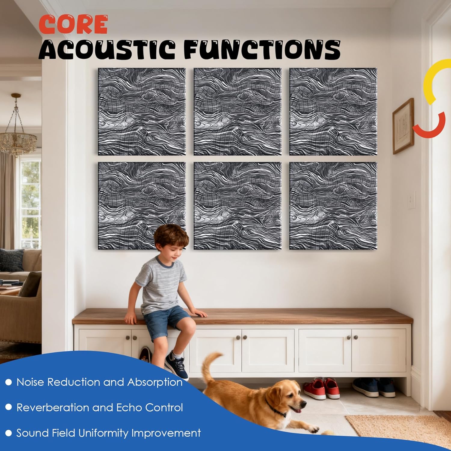 Acoustic Wall Panels 6 Pack, 24"x24"Decorative Art Soundproof Panels, Sound Absorbing Self-Adhesive Panel, Acoustic Treatment for Studio, Home Theater, Office (Ocean AuraStone)
