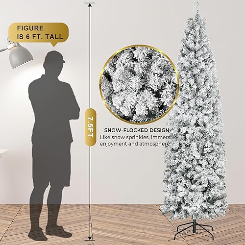 Miniatura 2 de Árbol de Navidad de lápiz preiluminado de 7.5 pies con luces, árbol de Navidad artificial flaco flocado de nieve, árbol de Navidad delgado con 305