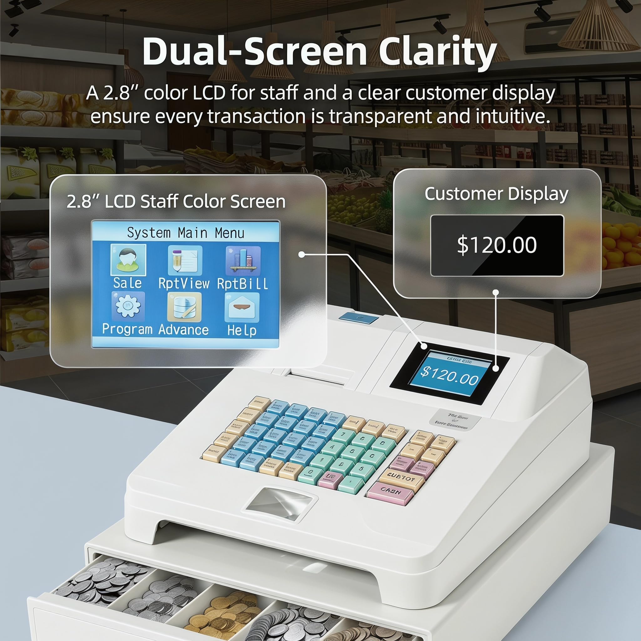 Sistema Tpv con Cajón Portamonedas, 48 ​​Teclas, Pantalla Led De 8 Dígitos, Caja Registradora Comercial E Impresora para Comercios Y Restaurantes: Gestión Electrónica De Efectivo Eficiente.