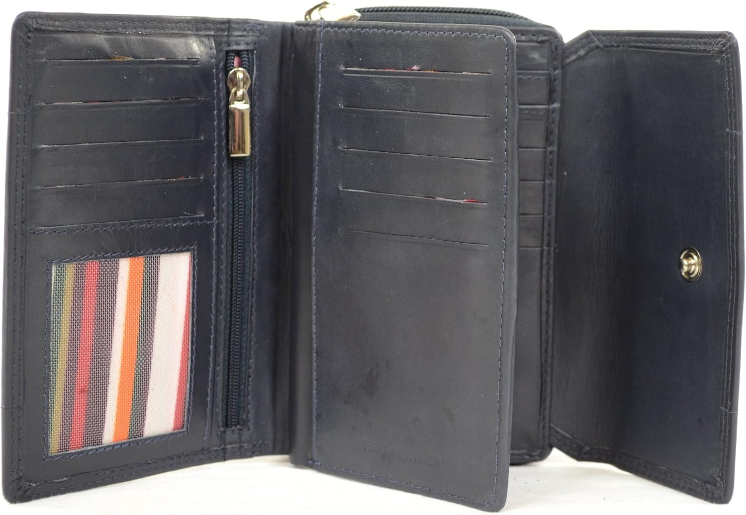Ladies Soft Real Nappa Leather Zip-around Purse with Front Flap and Double Credit Card Swing Section (Lilac/Dark Brown/Dark Red/Mid Brown) (Navy) - Image 3