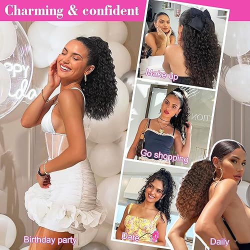 Miniatura 2 de QGZ Extensión de cola de caballo con cordón para mujeres negras, 18 pulgadas, sintética, larga, afro, rizado, esponjoso, para uso diario (marrón