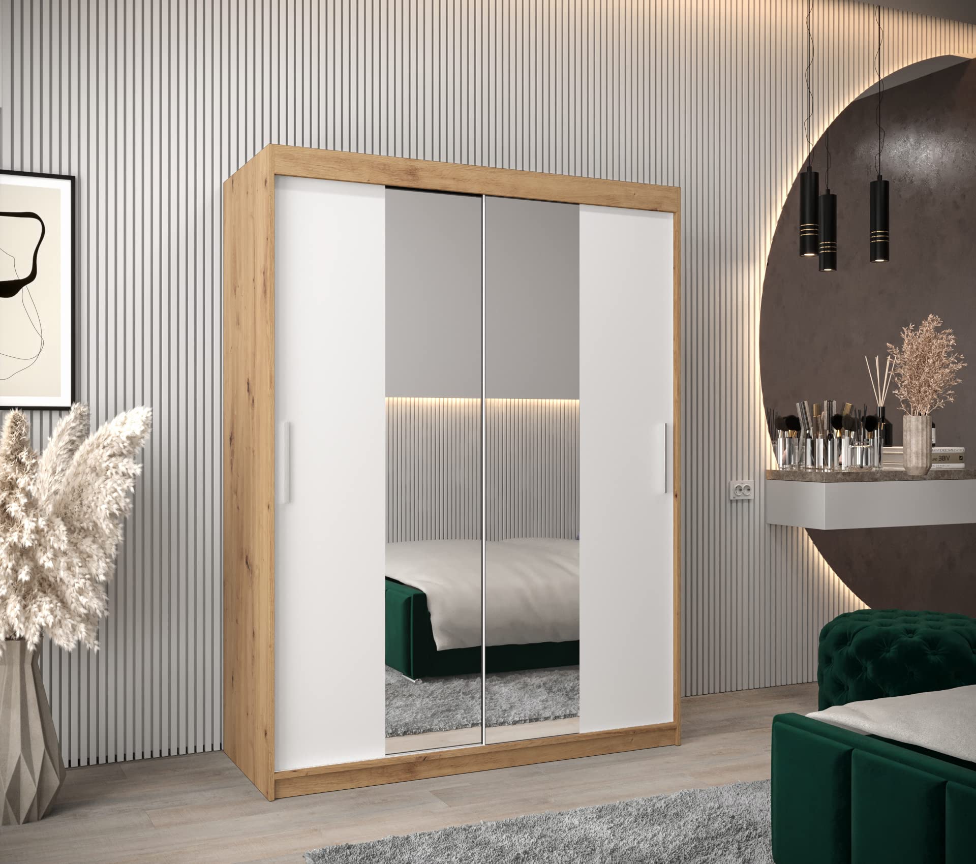ABIKSMEBLE Armadio Scorrevole Verona 2 - 150x200x62 Cm, Artisan E Bianco Opaco, Con Specchio E 2 Ante - 2