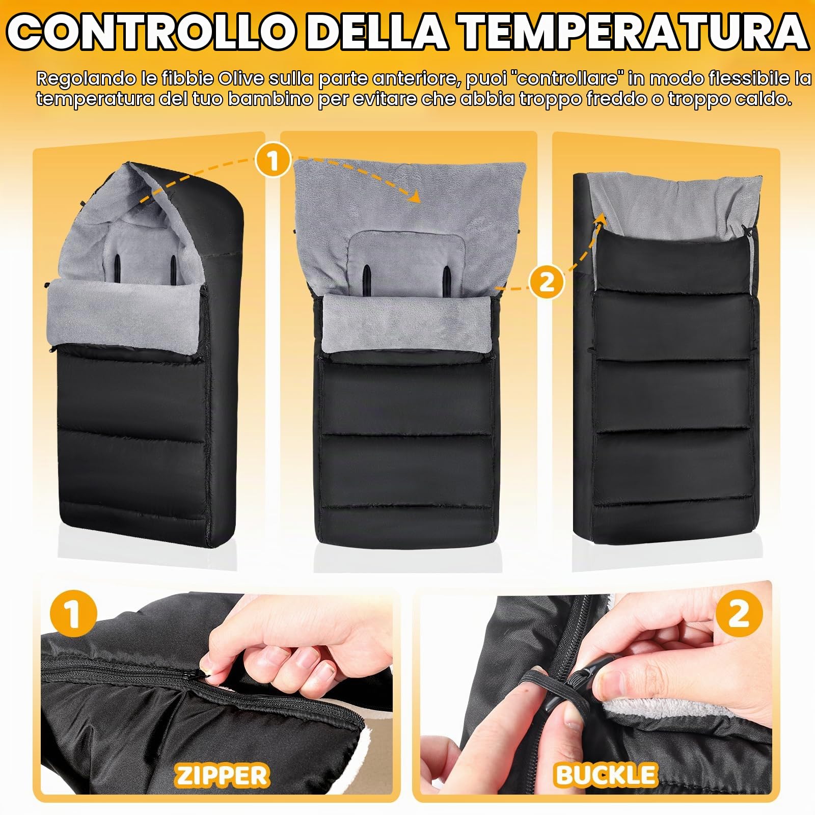 Coprigambe Passeggino Universale, Imperméable Sacco Termico Passegginopour avec Fermeture Éclair Réglable, Inverno Sacco Passeggino Invernale, Amovible, Tissu Cationique Chaud, Nero Elegante
