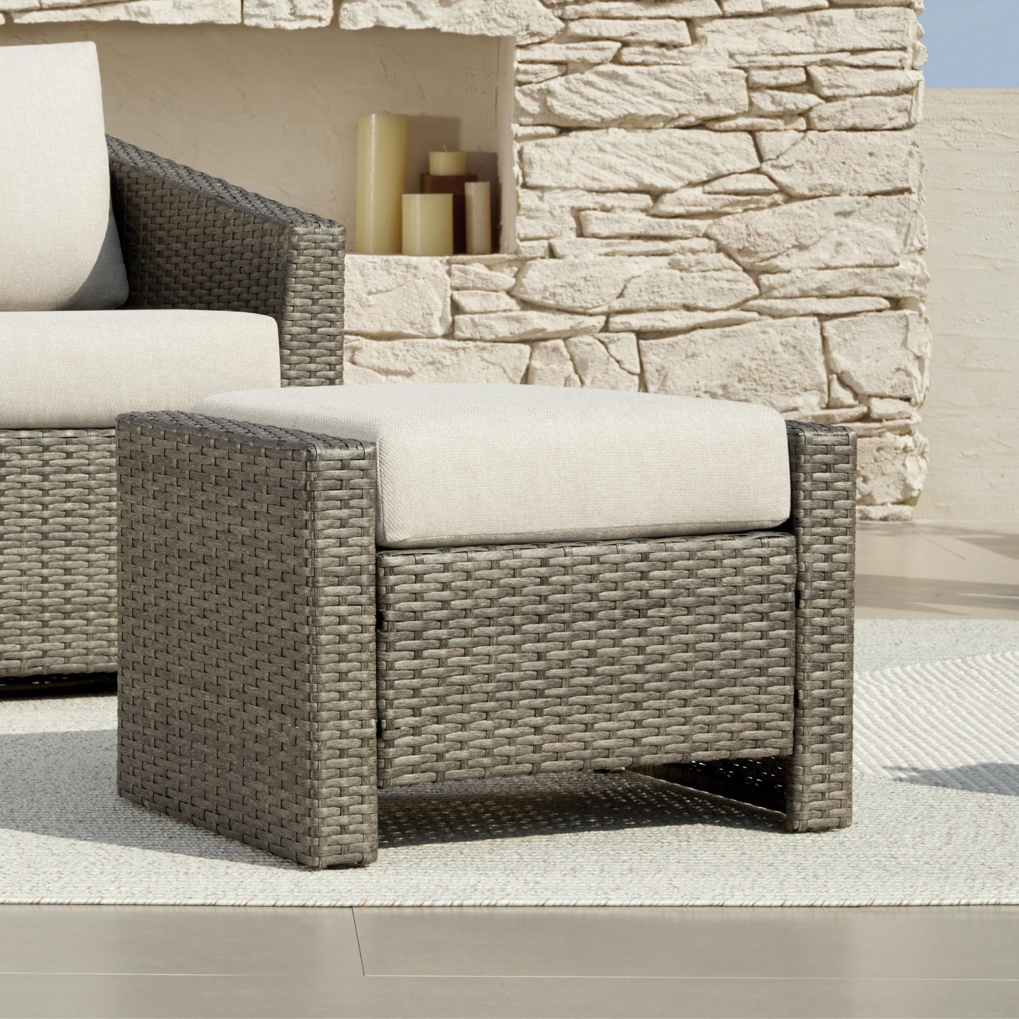 CHITA Patio Wicker Ottoman, Outdoor Rattan footrest with Removable Cushion and Adjustable Foot Levelers for Backyard, Poolside, Garden or Porch, Beige Cushions with Grey Wicker