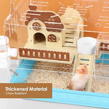 Acrylic Hamster Cage Small Hamster Habitat 360 Viewing Hamster Enclosure with Running Wheel & Chewproof Hideout for Dwarf, Guinea Pig, Gerbils, Blue, 13.3 L*10.2 W*12.4 H