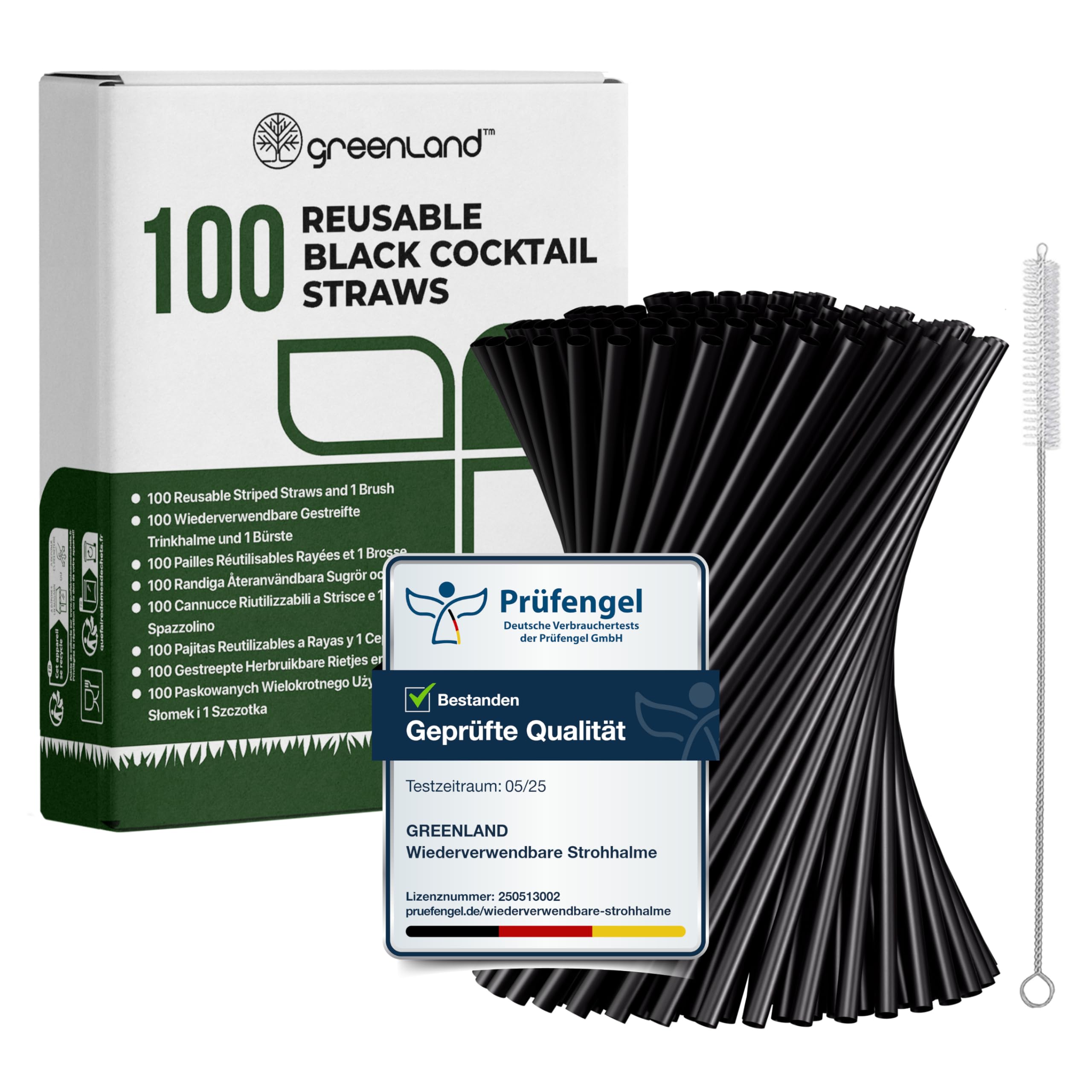 Greenland Wiederverwendbare Trinkhalme mit Bürste - Perfekt für Cocktails, Milch, Saft, Tee (100 Schwarze Cocktailstrohhalme)