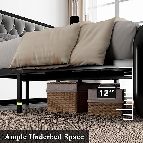 Miniatura 7 de Feonase Base de cama de metal tamaño Queen con cabecera y estribo de terciopelo, marco de cama de plataforma moderna en forma ovalada, estructura de