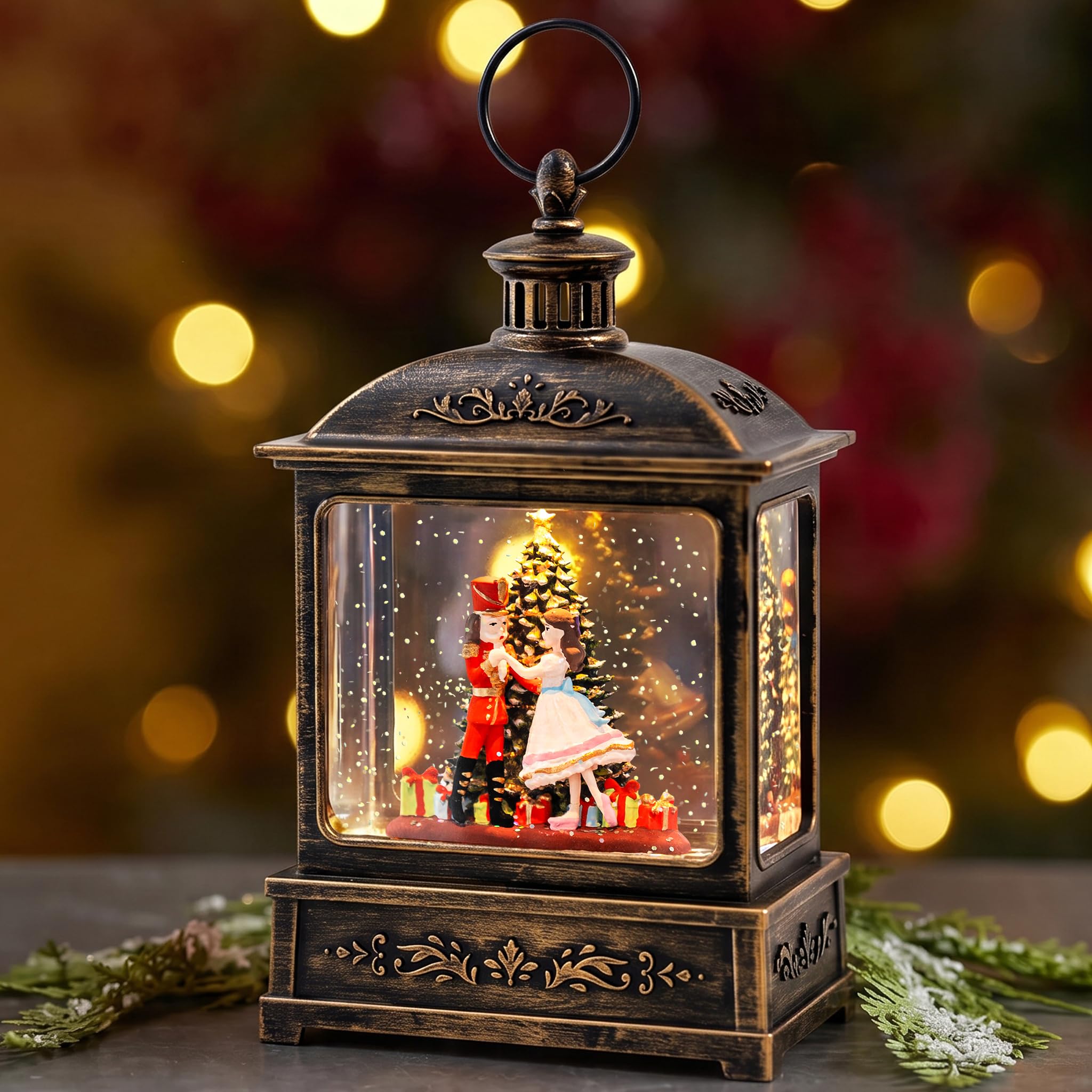 Christmas Snow Globe Lantern Water Glittering Nutcracker Ballerina with Music &amp; Timer, USB Lined/Battery Operated Lighted Lantern for Christmas Festival Decoration Gifts