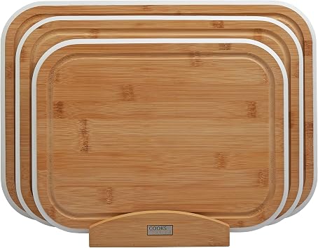 Cooks Professional 3 Piece Bamboo Chopping Board Set with Storage Stand | Durable Wooden Cutting Boards in 3 Sizes for Fruit, Vegetables, Meat, Bread | White Edging