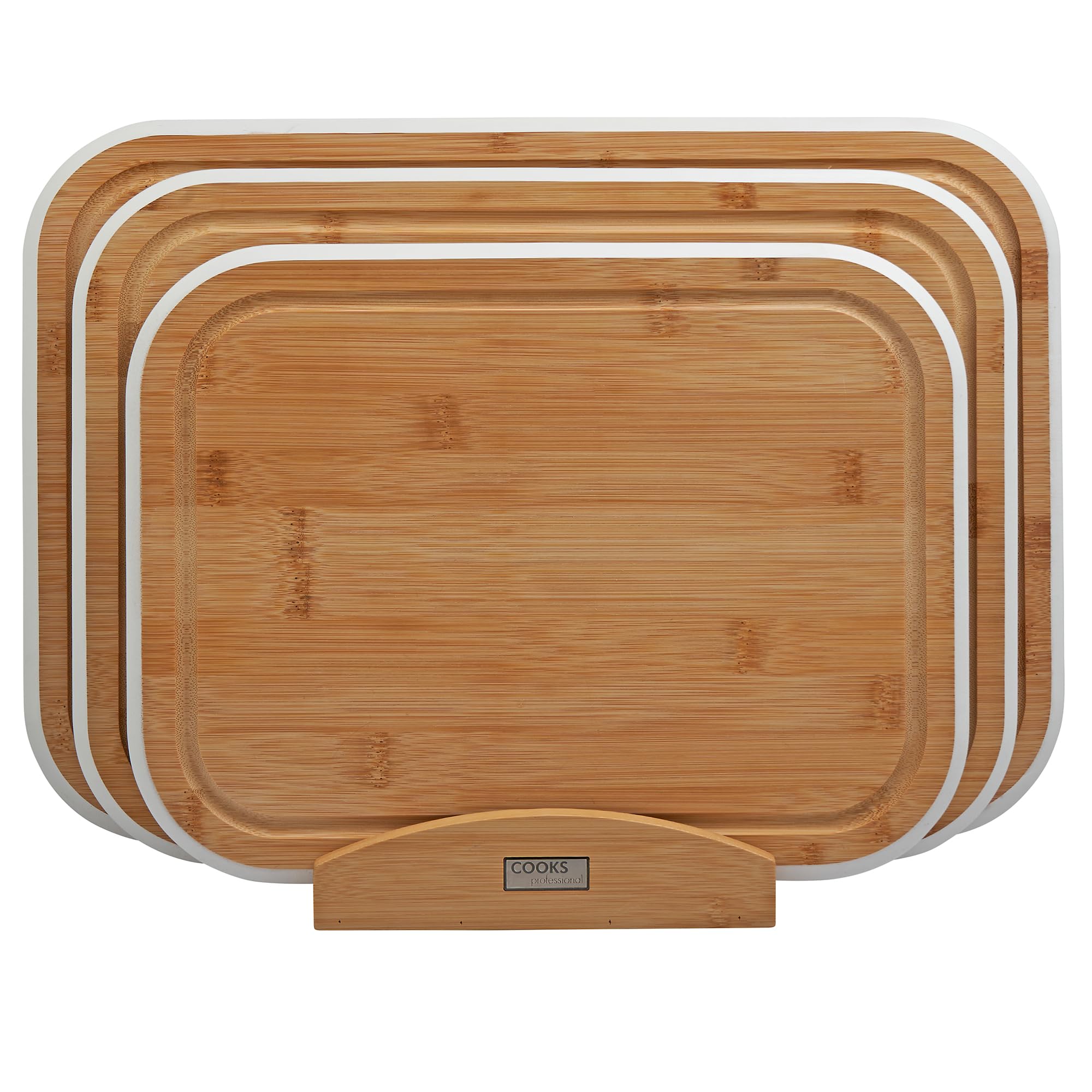 Cooks Professional 3 Piece Bamboo Chopping Board Set with Storage Stand | Durable Wooden Cutting Boards in 3 Sizes for Fruit, Vegetables, Meat, Bread | White Edging