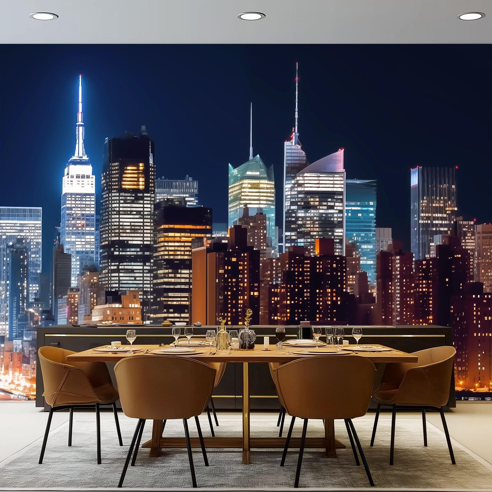 Panoramiczna tapeta, nowoczesna miasto noc architektura ścienna sztuka ścienna - czarna tapeta do salonu biura TV tło dekoracja 300 x 210 cm
