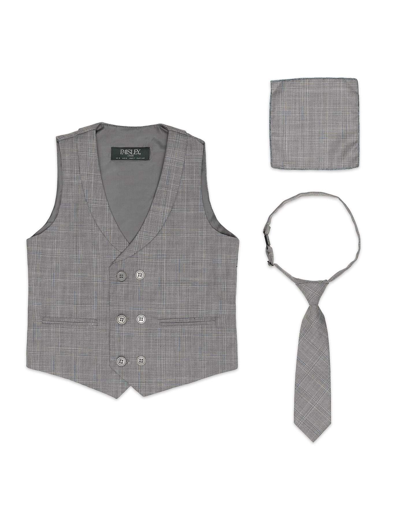 Paisley Of London Boys Grey Check David Waistcoat, Formal Occasion Waistcoat, Tie, Hanky Set, 8 Years