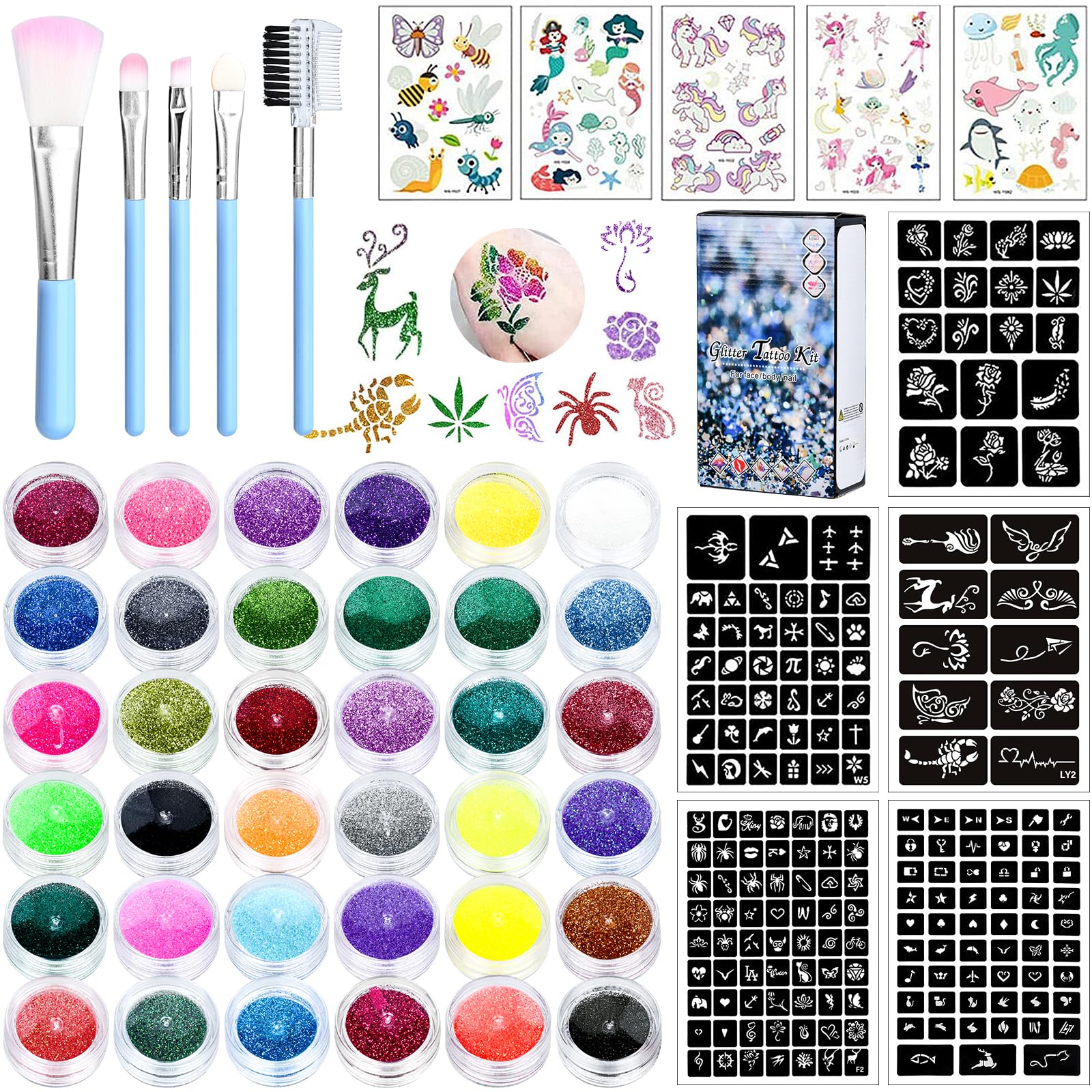 ALFFREUDE Kit de Tatuajes Purpurina Temporales, Tatuajes Temporales Niños, Tatuajes Niños 36 Colores Brillo con 200 Plantillas 5 Pinceles para Fiestas, Cumpleaños, Carnaval, Pascua
