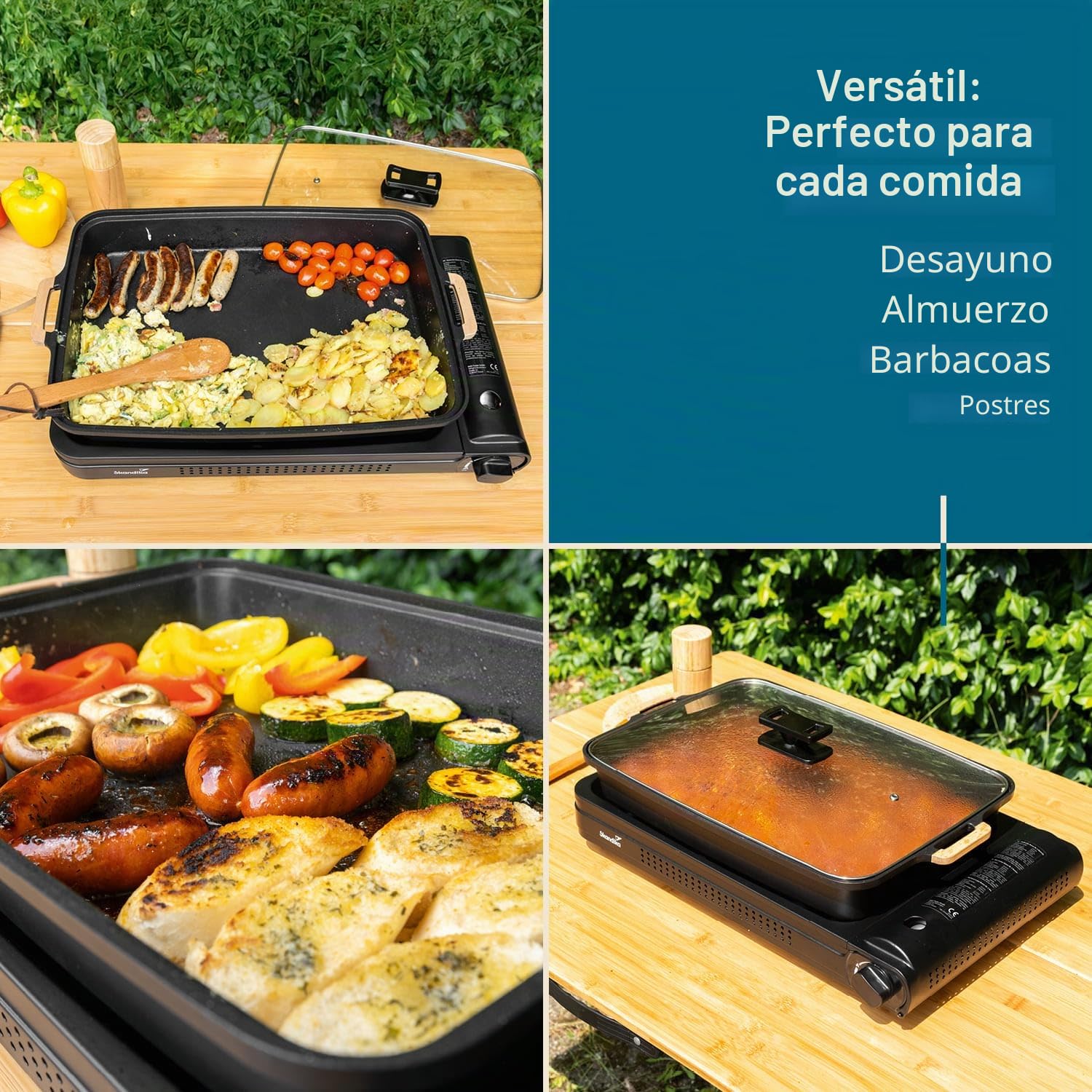 Skandika Hornillo de gas Brann | robusta cocina de camping para cartuchos de gas, maletín de transporte, acero inoxidable, encendido piezoeléctrico (XL con sarten)